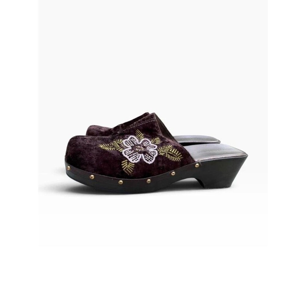 Y2K Boho Velvet Beaded Floral Predictions Clogs Wood Heel Mules - 11 US